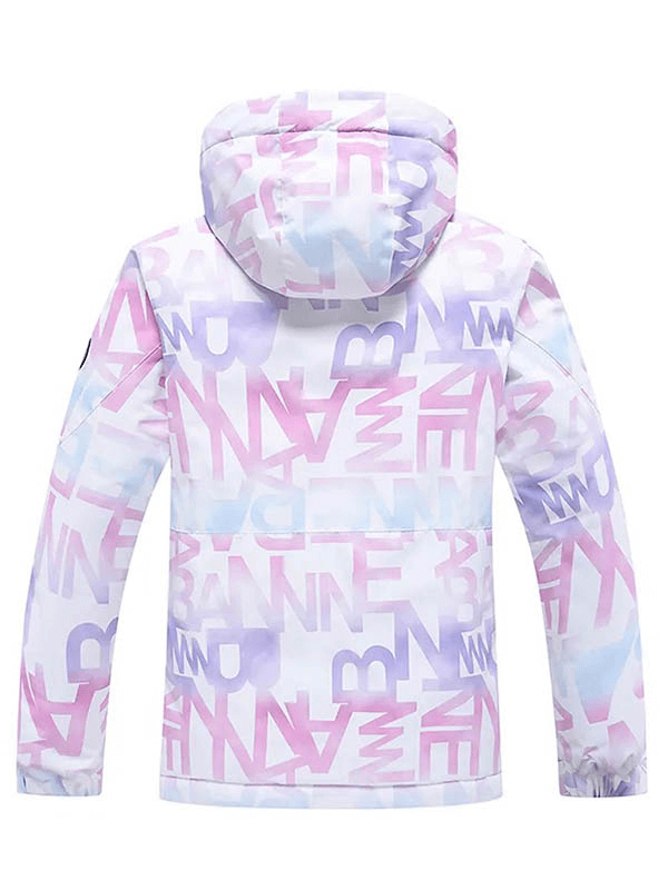 Stylish female letter printed ski jacket SF1787 in pastel colors with a hood and pockets, designed for skiing comfort and protection.
